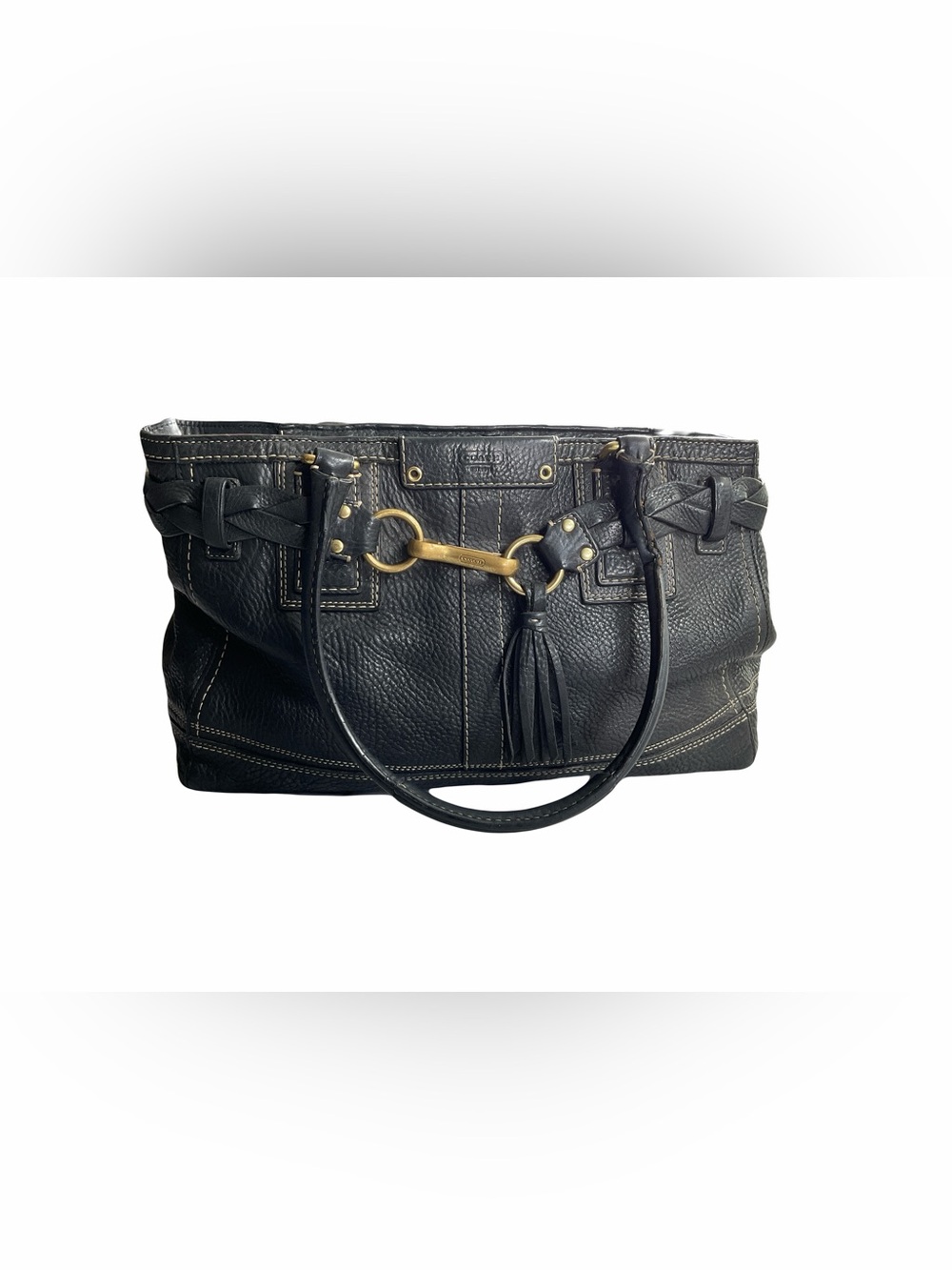 Coach Hampton Carryall Black Pebble Leather Gold Braided Bag Purse Satchel Tote